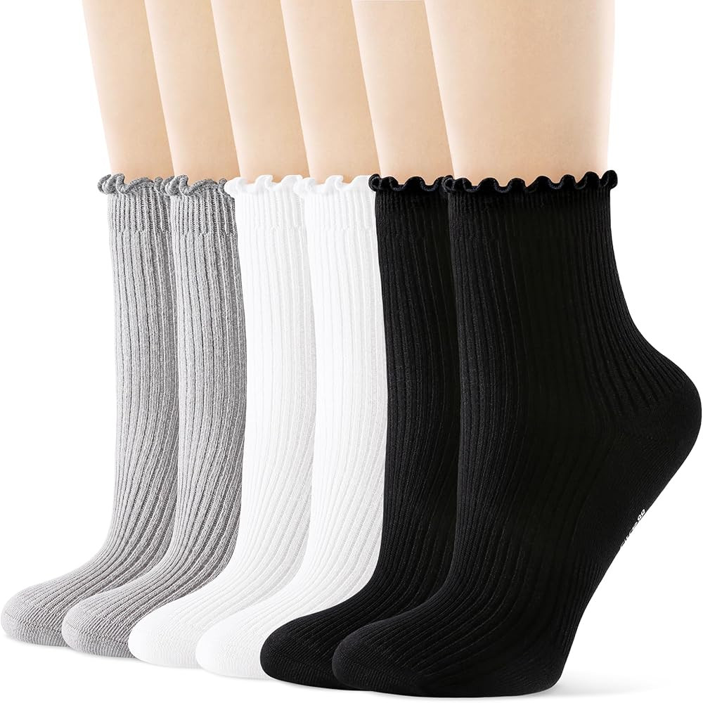 FITRELL 6 Pairs Ruffle Socks, Womens Soft Breathable Cute Lettuce Ankle Crew Frilly Socks | Amazon (US)