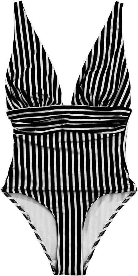 SweatyRocks Women's Striped Deep V Neck One Piece Swimsuit Tummy Control Bathing Suit | Amazon (US)