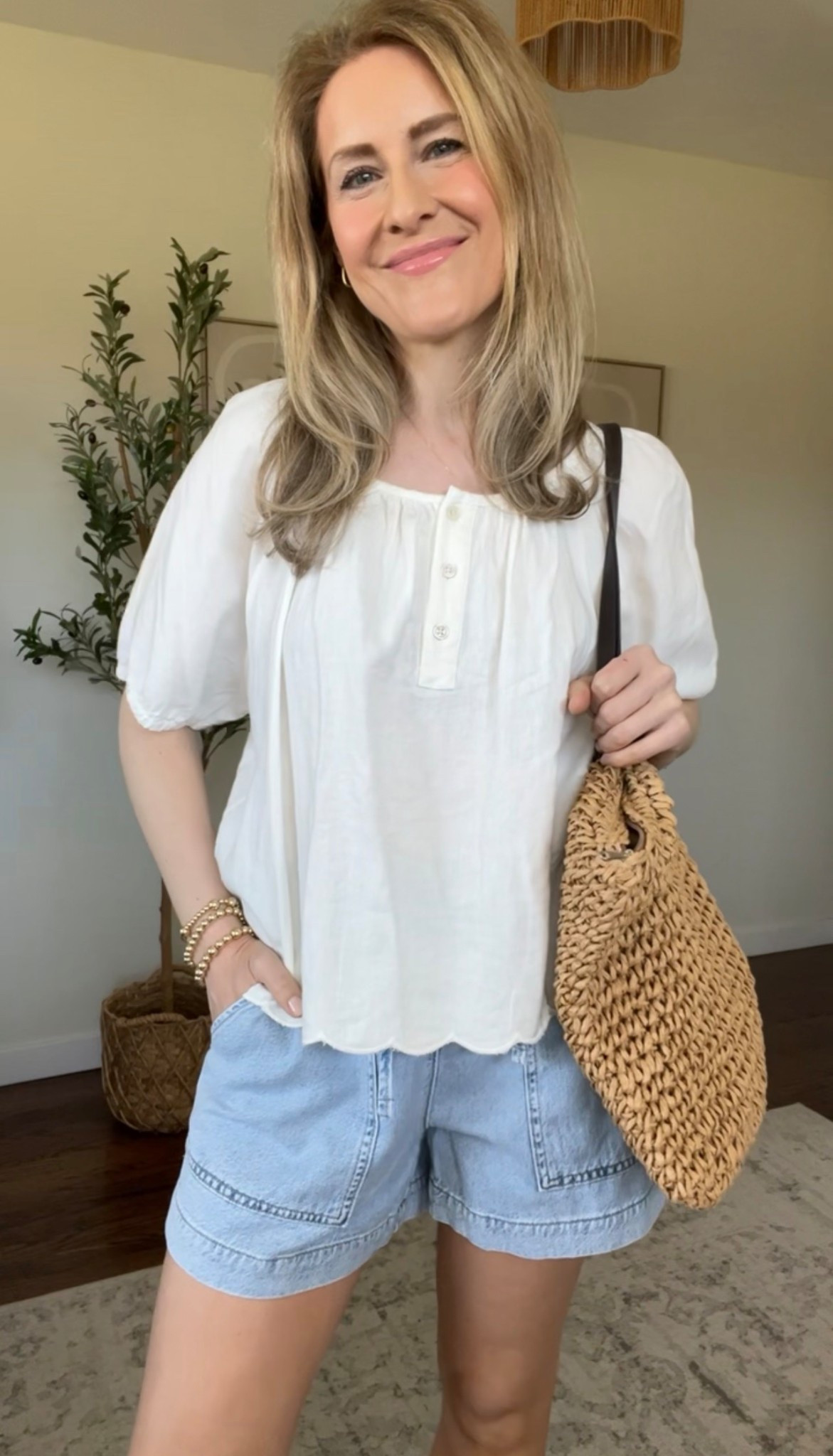 Spring outfit idea with this Walmart scalloped hem blouse and paperbag waist shorts. Sadly the top is in stores only, but worth a trip to find one! Shorts are great but run small so I’d go up a size. #walmartfashion 