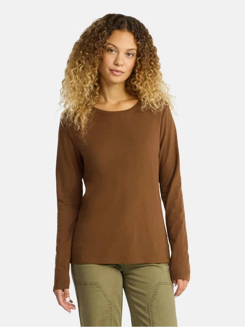 Time and Tru Women's Cotton Crewneck Tee with Long Sleeves, Sizes XS-XXXL | Walmart (US)