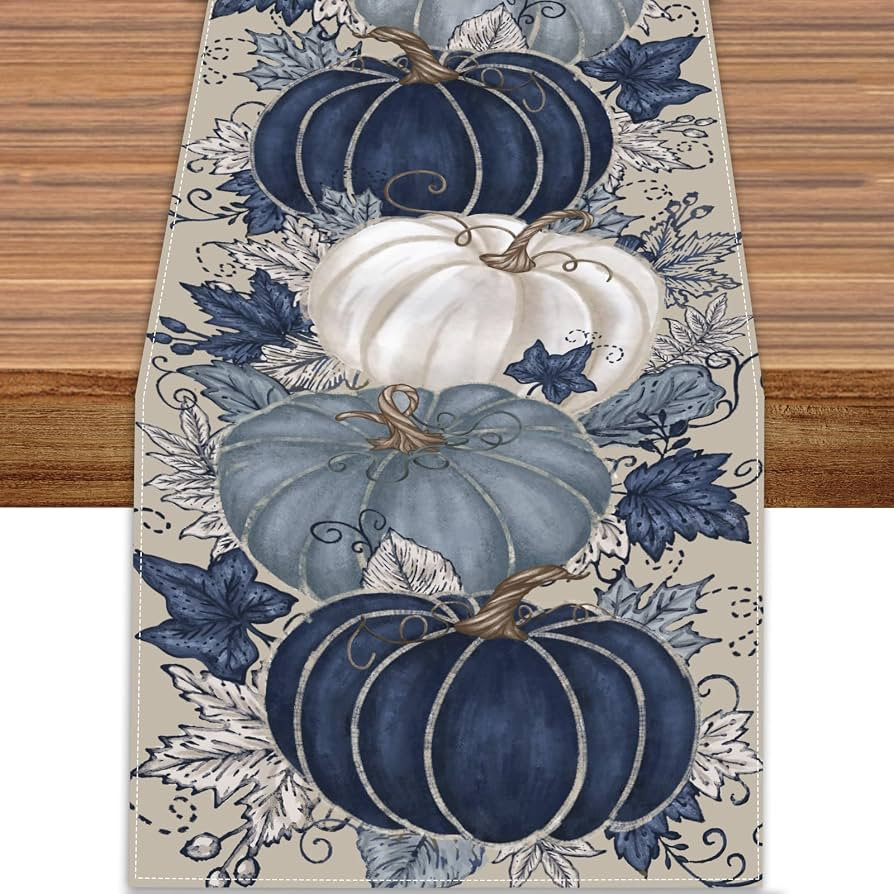 Fall Thanksgiving Table Runner Blue Vintage Pumpkin Maple Leaf Decorative | Amazon (US)