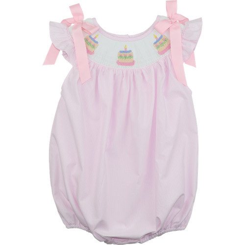 Pink Stripe Smocked Birthday Cake Bow Bubble | Cecil and Lou