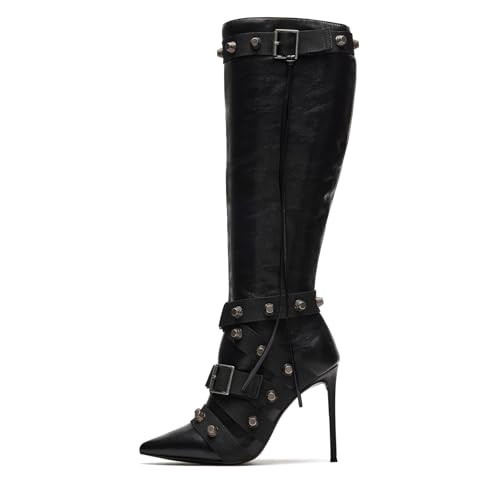USIMAD Black Knee-High Boots - Tall Leather Boots for Women with Studded Webbing Straps,Point Toe, Stiletto Thigh High Boots Long, Side Zipper for a Secure Fit, Edgy Y2K Style Fashion Statement | Amazon (US)