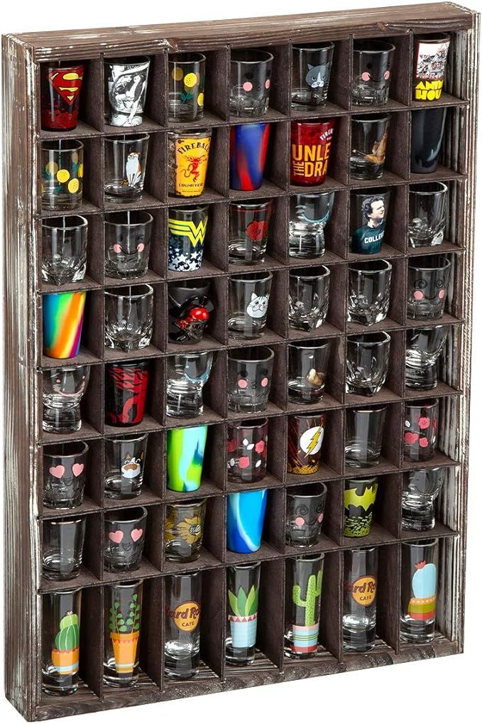 J JACKCUBE DESIGN - Rustic Wood Shot Glasses Display Case 56 Compartments Wall Mount Pint glass S... | Amazon (US)