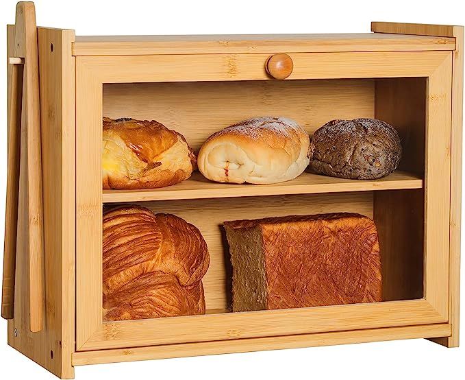 Bamboo Bread Box Wooden Bread Storage Adjustable Layer Bin Bread Container with Toaster Tong Fron... | Amazon (US)
