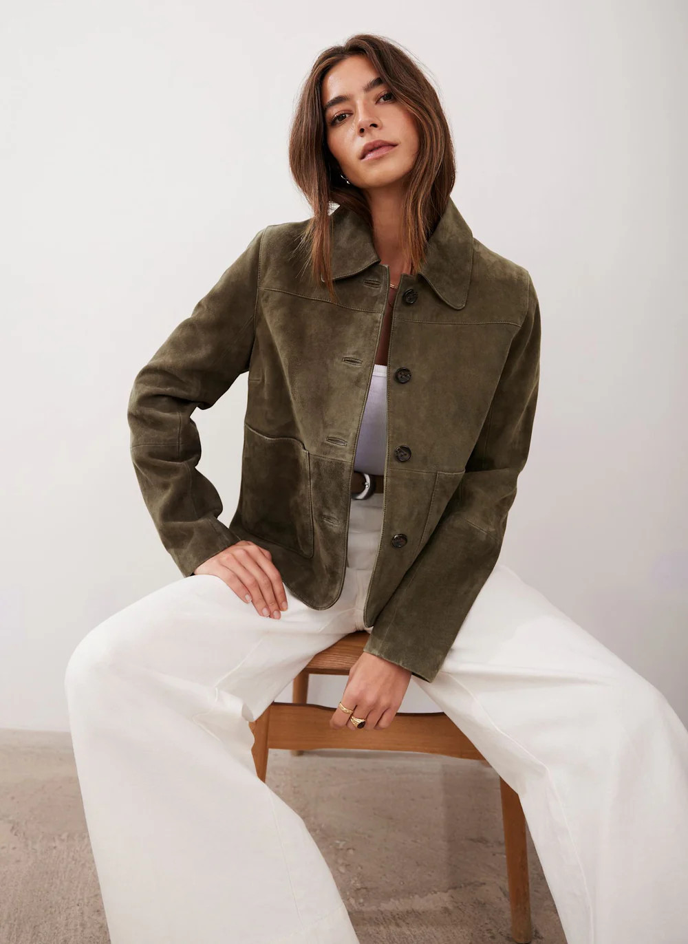 Khaki Suede Pocket Detail Jacket | Mint Velvet