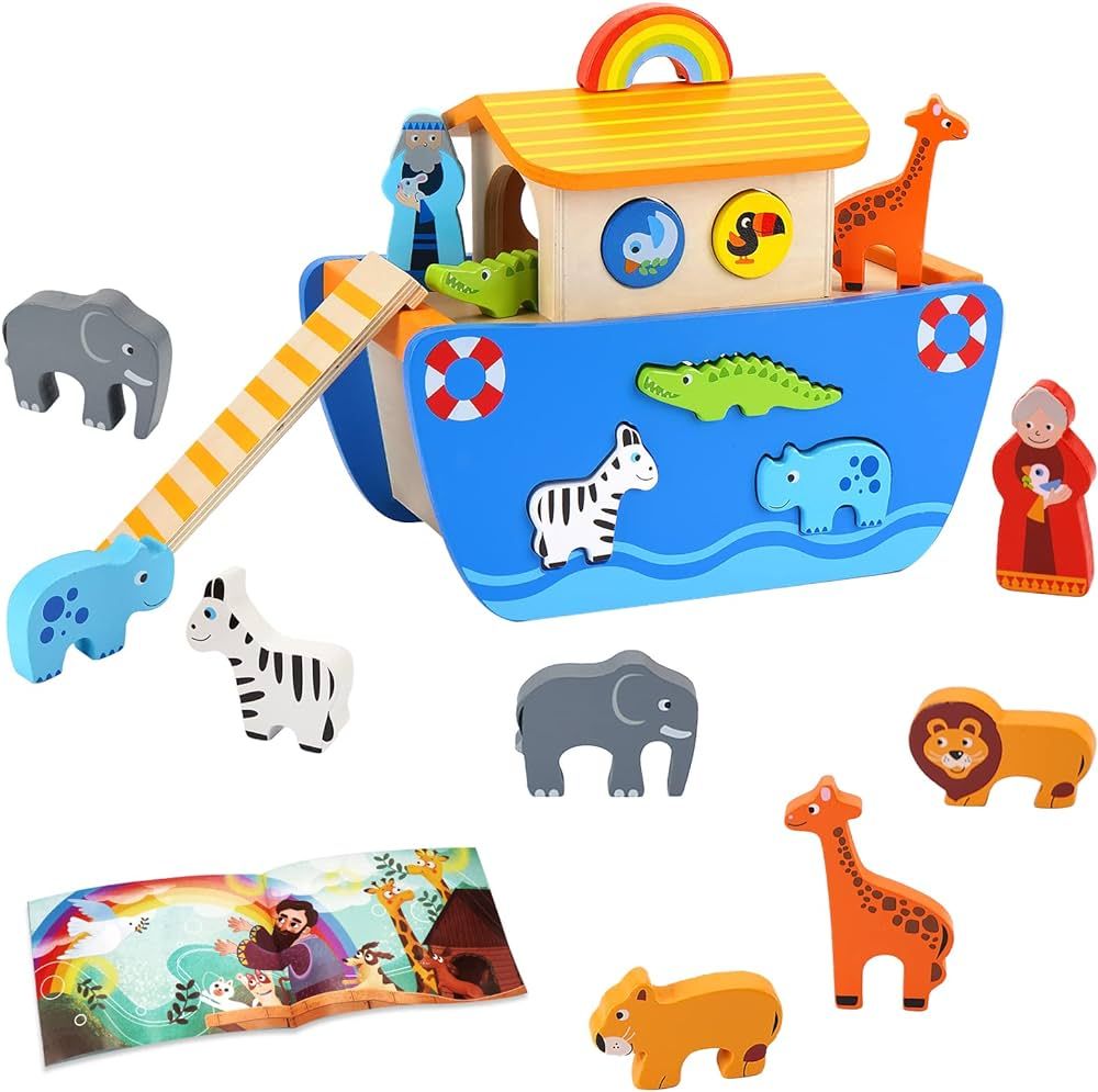 KMTJT Toddlers Wooden Noah's Ark Toy Animal Playset, Baptism Gifts for 1 2 3 Boys Girls, Shape So... | Amazon (US)