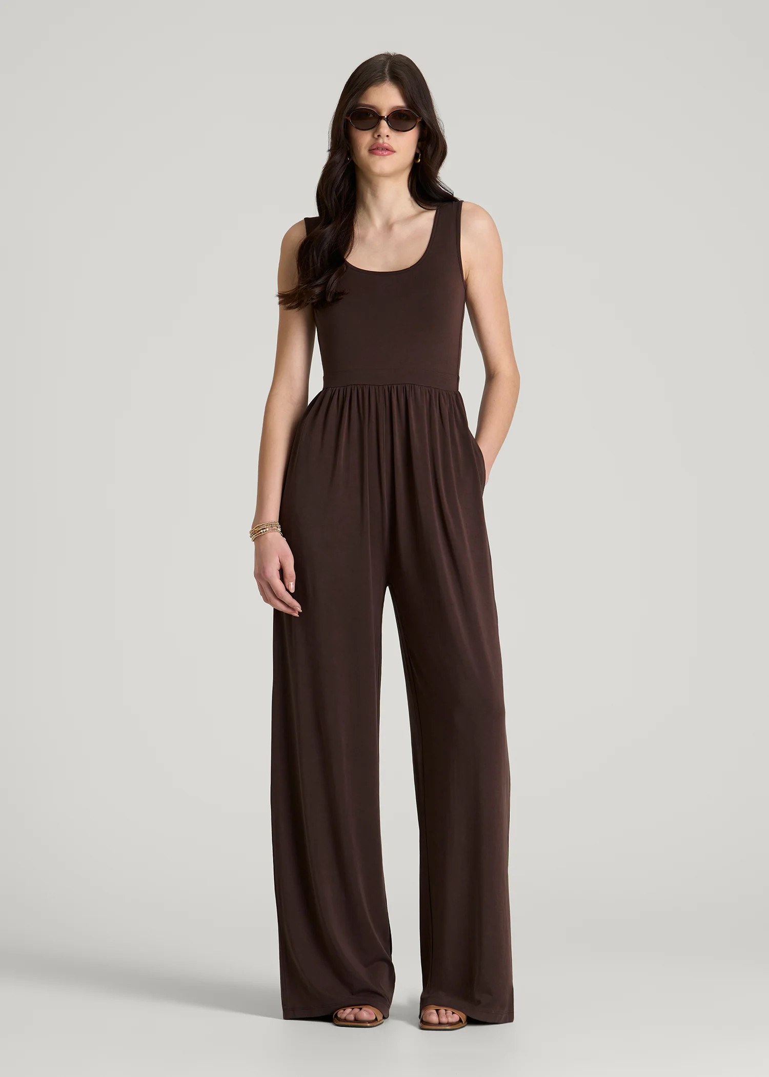 Jersey Tank Wide-Leg Jumpsuit with Pockets for Tall Women in Espresso | American Tall