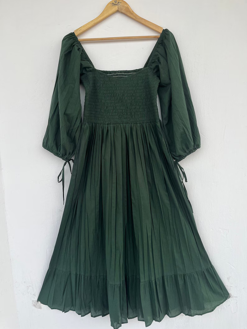Dark Green Solid Shirred Dress - Indian Cotton Dresses - Boho Cotton Dress - Etsy | Etsy (US)