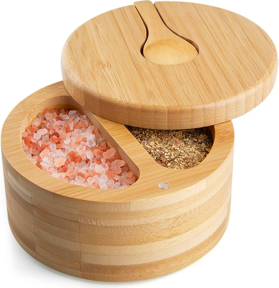 Large Salt Spice Box with Swivel Lid Bamboo Salt Cellar with Lid and Spoon, 2-Compartment Salt Pe... | Amazon (US)