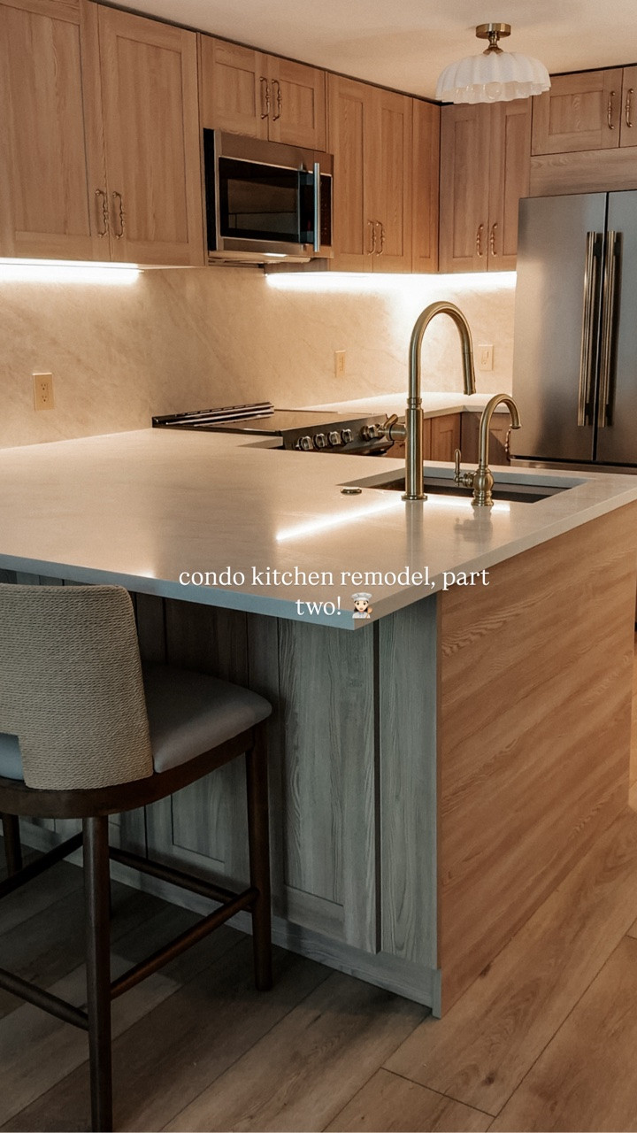 condo kitchen remodel, part two! 👩🏻‍🍳 

Type Shop for details 🤎

Counters + backsplash: Taj Mahal Lux Ultra (mineral surface) from @revolux
– soft creamy base with subtle veining (looks like natural stone)
– durable + stain resistant
– zero silica + made with recycled materials

Sink: Kohler Prolific 23” undermount single-bowl workstation sink
Faucet: Kohler Edalyn pull-down kitchen faucet (vibrant brushed modern brass)
Beverage faucet: Kohler Artifacts beverage faucet
Air switch: Kohler garbage disposal air switch kit

Counters, Sink and Faucets sourced through @tritonstonegroup 🤍

Cabinets: Lioher Como Ash 2

Appliances: Forno

Knobs: Top Knob

part 3 coming soon ⏲️

Triton Stone, Marble Stone Supplier, Marble Countertops, Kitchen Countertop Design 
#kitchenrenovation #homerenovation #kitchenremodel