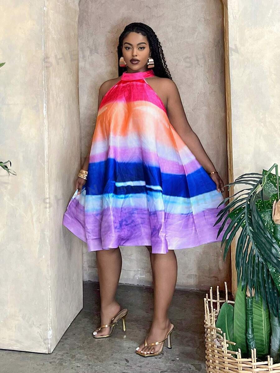 SHEIN Slayr A-Line Plus Size Women's Color Block Halter Neck Floral Print Dress | SHEIN