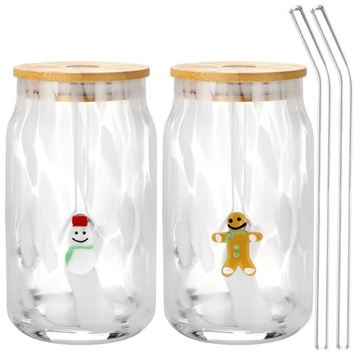 Potchen 2 Pcs Christmas Icon Glass Cups 16.9 oz Gingerbread Man Snowman Glass Cups with Lids and Straws Drinking Glasses Set for Christmas Holiday Gifts Party Home Decor Lovely Gifts | Amazon (US)