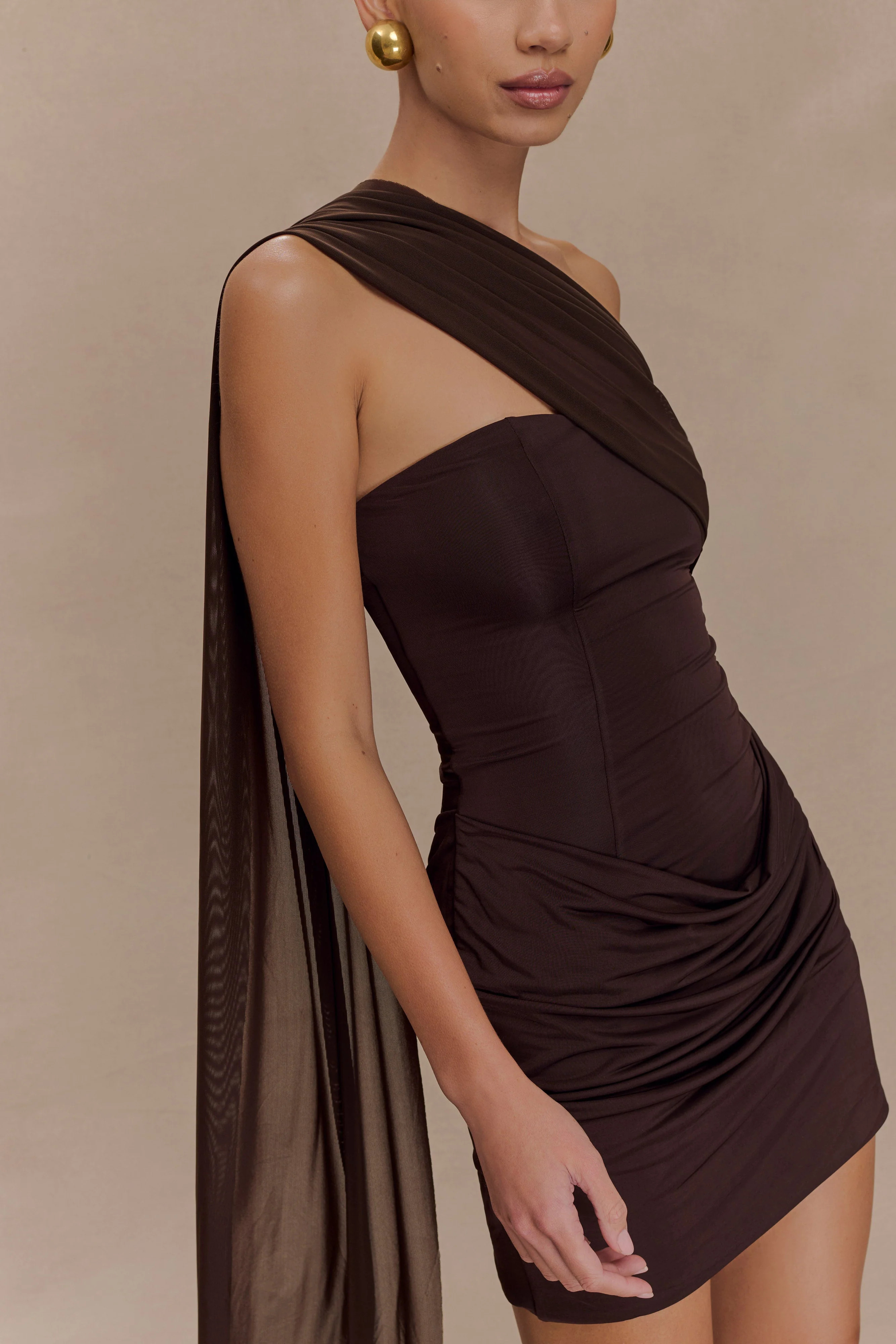 Mattea Slinky And Mesh Mini Dress With Scarf - Dark Chocolate | MESHKI US