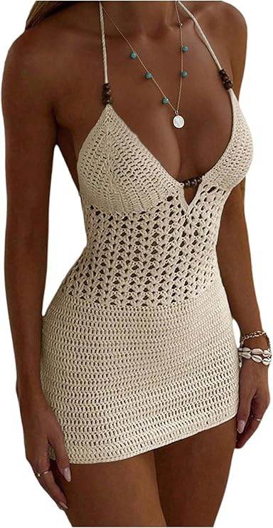 SweatyRocks Women's Open Back Deep V Neck Beach Vacation Cover Ups Crochet Halter Mini Dress | Amazon (US)