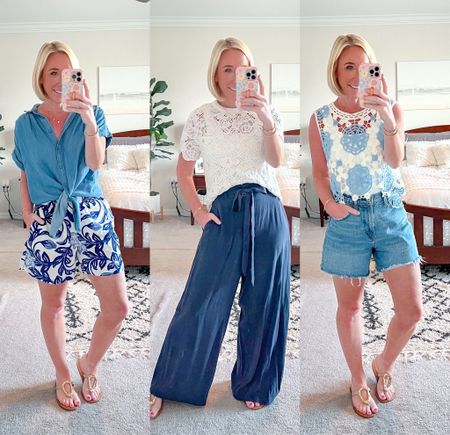 3 re-shares (in the shades of blue):
1. Floral linen shorts - size small // chambray button down - size small.
2. Navy linen pants - size small // crochet top - size small (15% off but sizes are limited).
3. Blue/white crochet top - size small (BOGO 50% off) // Jean shorts - size 27.
* sandals & necklaces linked too  

#LTKFindsUnder50 #LTKSeasonal #LTKStyleTip