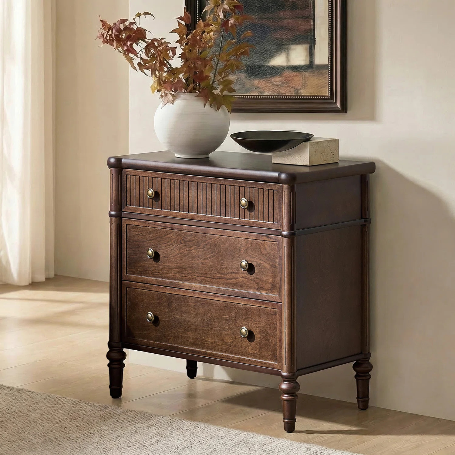 Kaybri Transitional 28"W 3-Drawer Fluted Solid Nightstand with Built-in power outlets | Wayfair North America