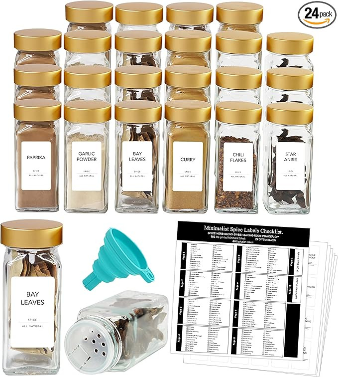 AYOUSIN 24 Spice Jars with Labels - 4oz Glass Spice Jars with Shaker Lids, 192 Spice Labels, 24 D... | Amazon (US)