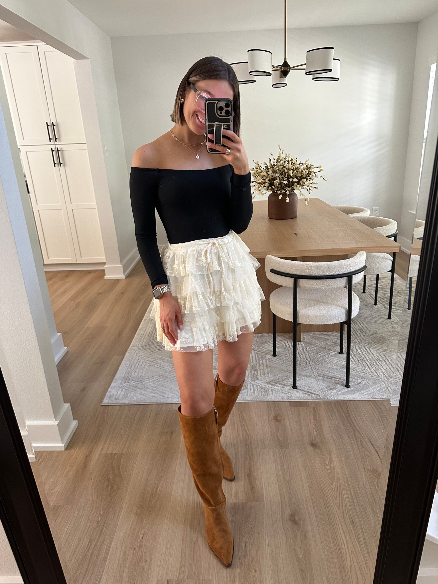 Nuuds black off the shoulder bodysuit size small. Vici lined lace mini skirt in cream, size small tts but if in between, probably size down - wish I got an xs. Franco Sarto brown chestnut knee high boots size 7 tts. Not very structured but are comfortable 

N sale, Nordstrom anniversary sale, knee high boots, chocolate brown, brown boots, western boots, suede boots, kitten heel, fall outfit, mini skort, mini skirt, bodysuit, autumn, autumn outfit, transitional outfit 


#LTKSaleAlert #LTKxVICI #LTKautumn