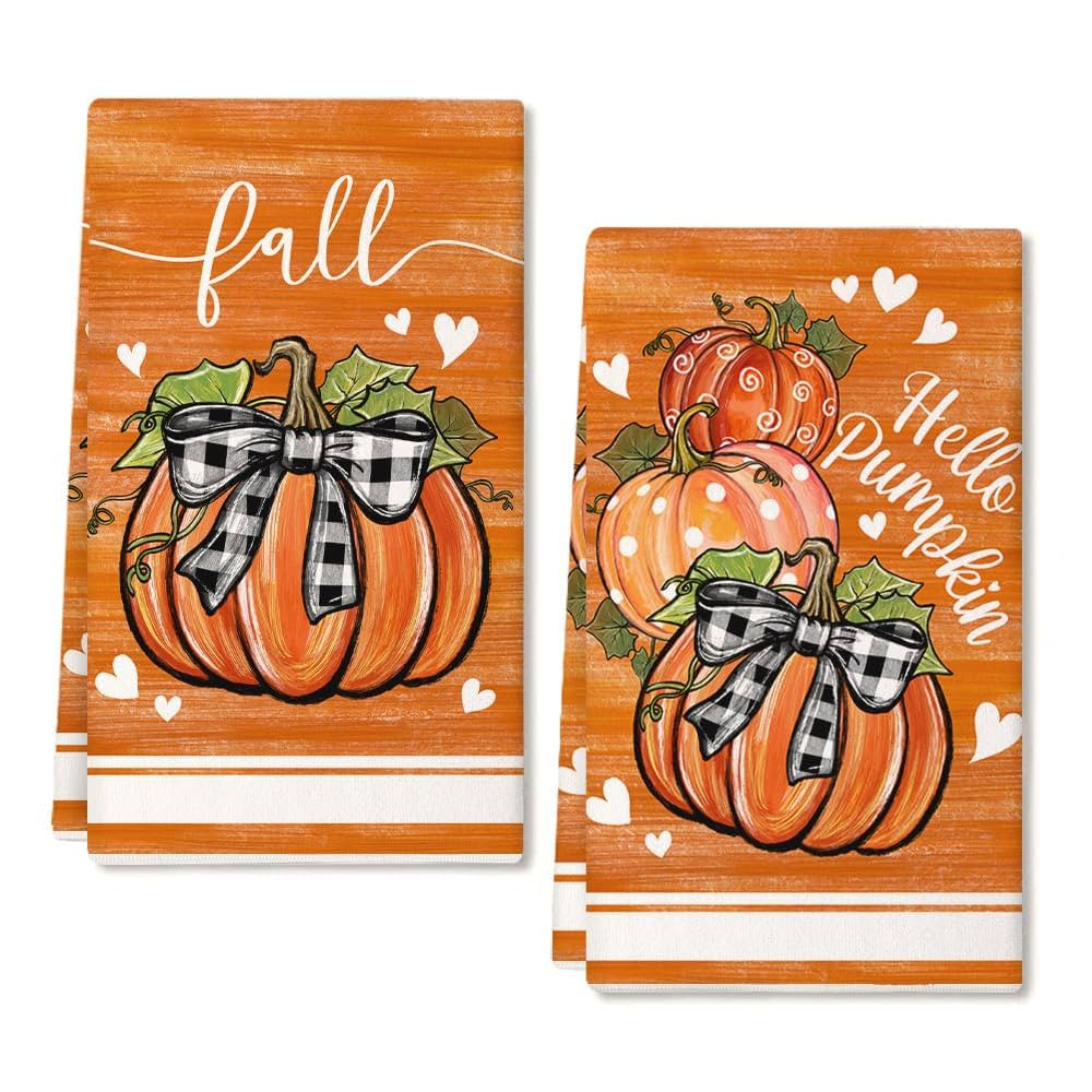 ARKENY Hello Pumpkin Fall Kitchen Towels Set of 2,Heart Autumn Dish Towels 18x26 Inch Drying Dish... | Amazon (US)