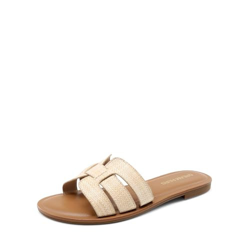 DREAM PAIRS Women's Dressy Slide Sandals Slip-on Comfortable Slides Fashion Casual Open Toe Summer Beach Sandals,Size 8.5,Nude-Raffia,DWUMSS2509 | Amazon (US)