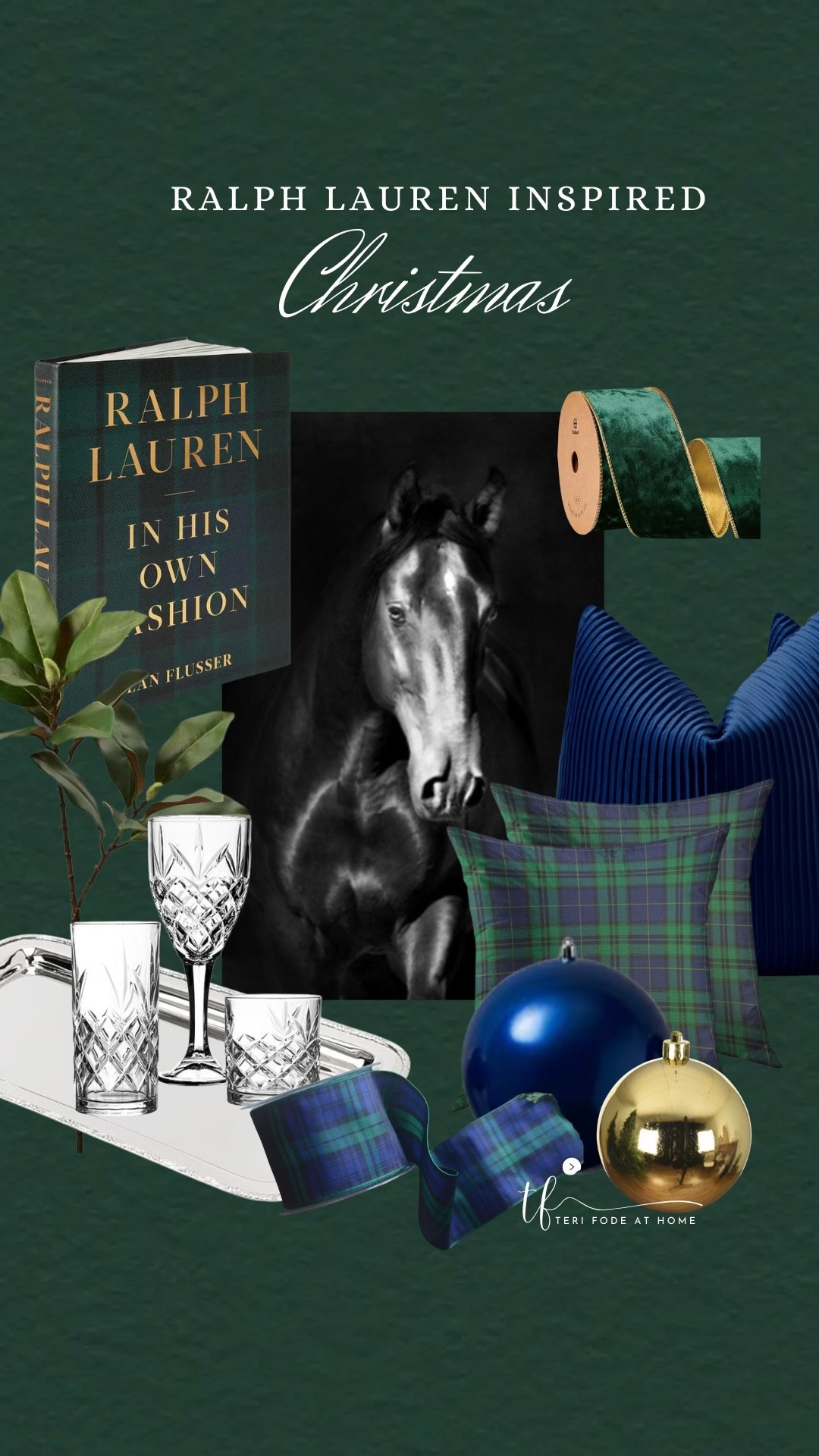 A Ralph Lauren inspired Christmas! Equestrian, horse wall art, Ralph Lauren book, crystal glassware, cut crystal glassware, silver tray, navy blue ornaments, black, white tartan pillows, black watch tartan ribbon, navy blue pillows, green velvet ribbon, magnolia greenery

#LTKHoliday #LTKHome #LTKSeasonal