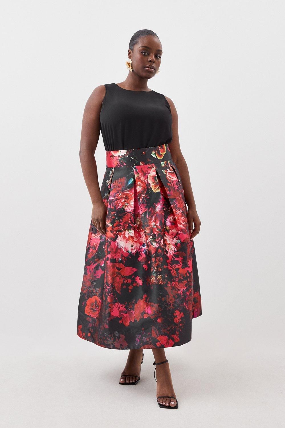 Plus Size Floral Printed Satin Twill Woven Maxi Prom Skirt | Karen Millen UK + IE + DE + NL
