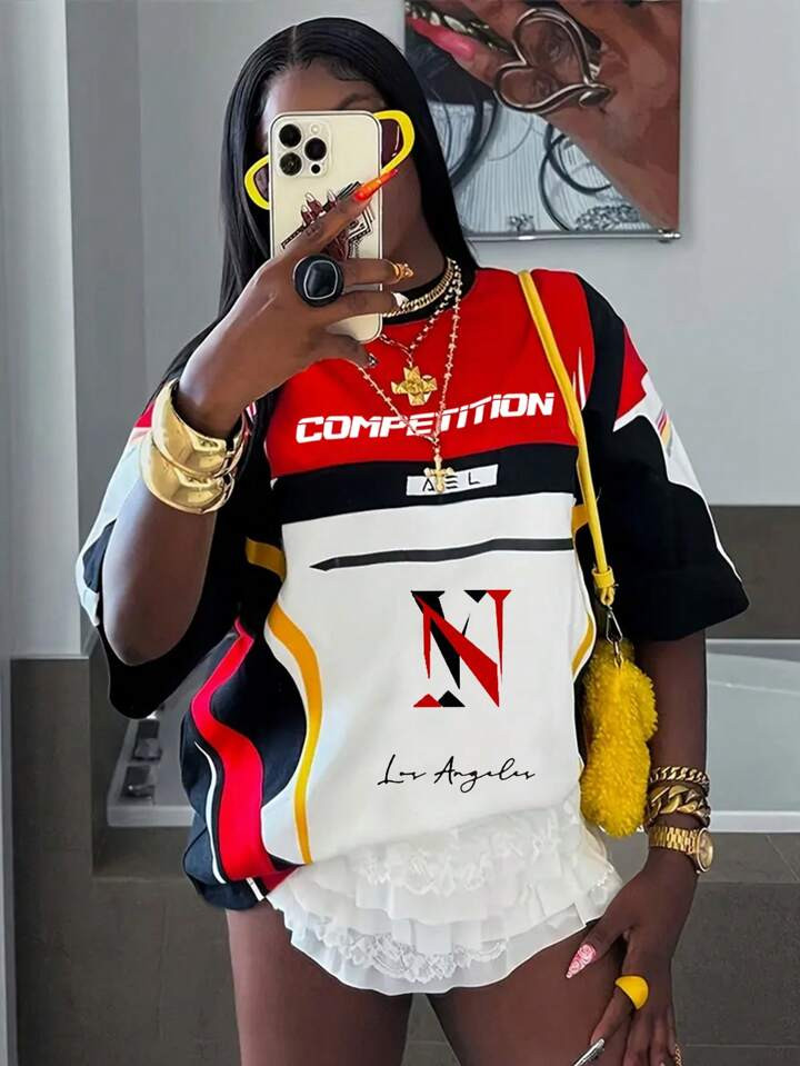 INAWLY Women's Solid Color Splice Round Neck Short Sleeve T-Shirt, Racing Cool T-Shirt, Racing Co... | SHEIN