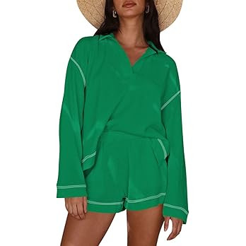 Pink Queen Women's 2025 Fall Casual Waffle Knit Long Sleeve Lounge Sets Casual Top and Shorts 2 P... | Amazon (US)