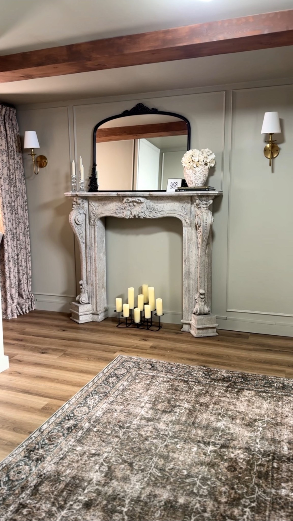 Basement office! 

Mantel - fireplace - wall sconce - curtains - rug - candle 

#LTKHome #LTKU #LTKselfcare