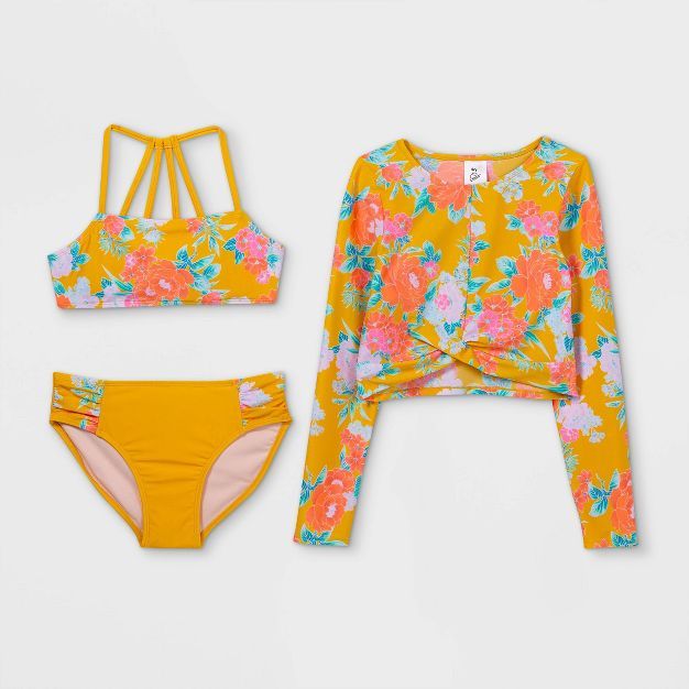 Girls' Floral Print 3pc Bikini Set - art class™ Gold | Target