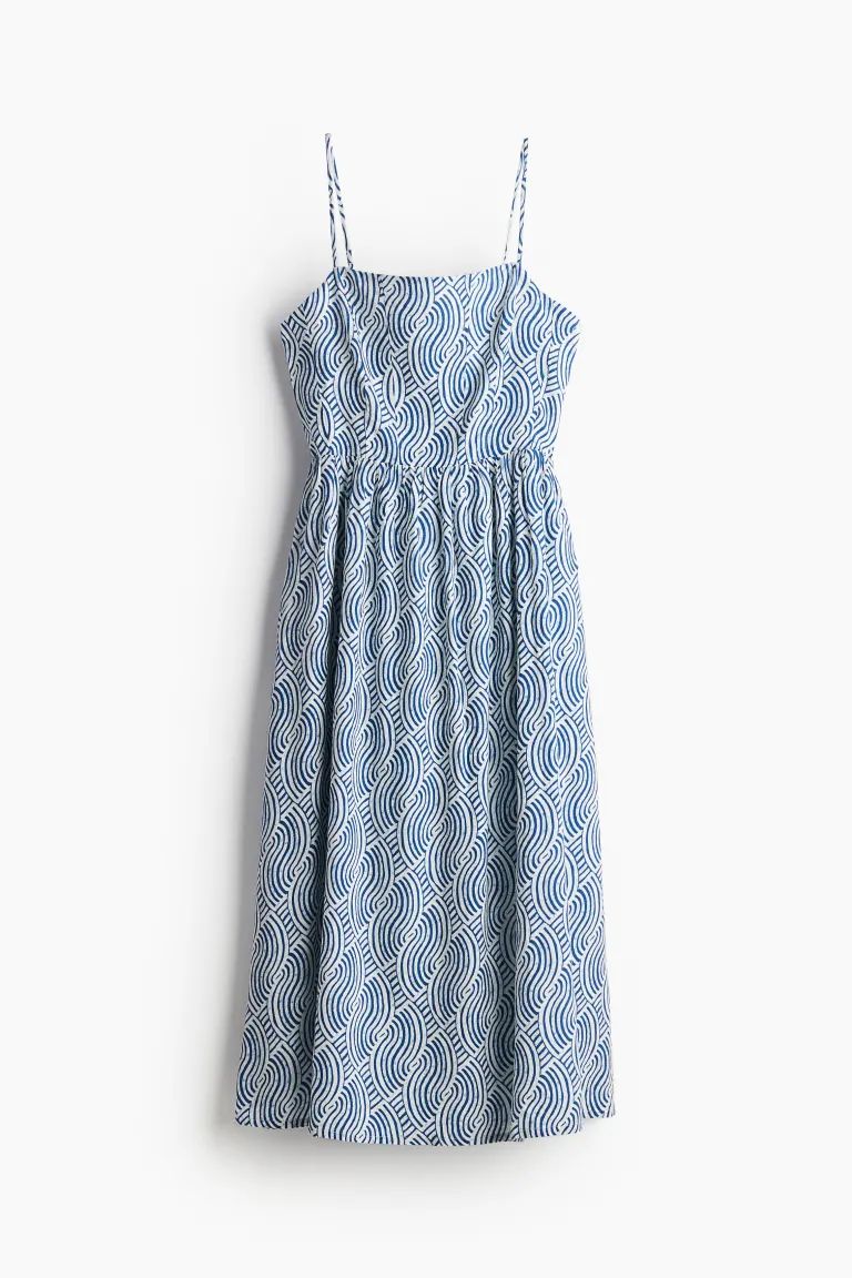 Linen-blend Midi Dress - Square Neckline - Sleeveless - Blue/patterned - Ladies | H&M US | H&M (US + CA)