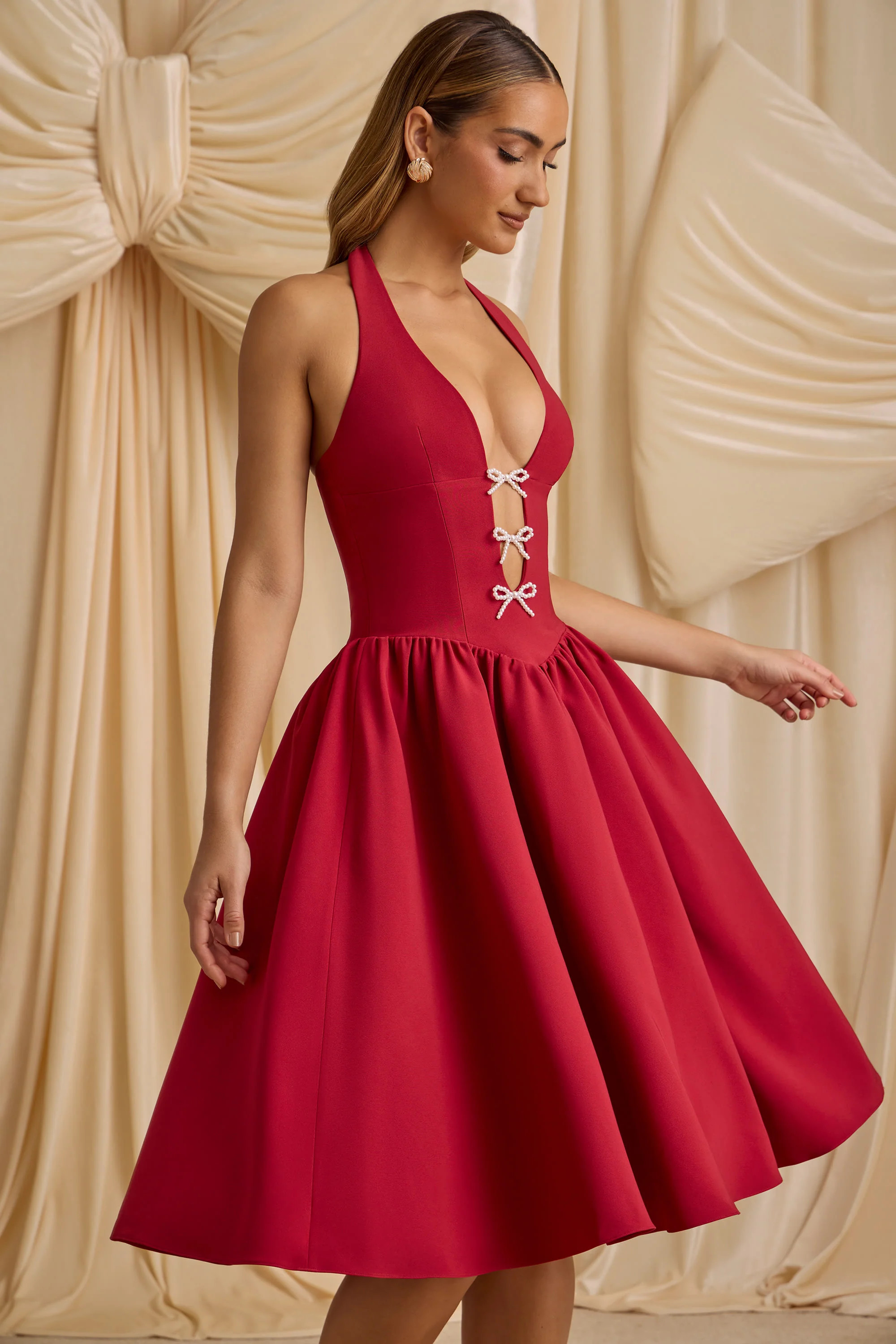 Halterneck Bow-Detail Midi Dress in True Red | Oh Polly