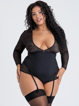 Lovehoney Plus Size Hourglass Black Smoothing Long Sleeve Crotchless Teddy | Lovehoney US