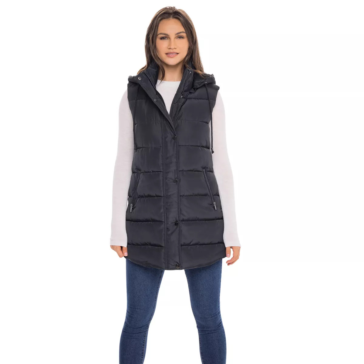 Women's Long Puffer Vest with Hood - S.E.B. By SEBBY Black Medium | Target