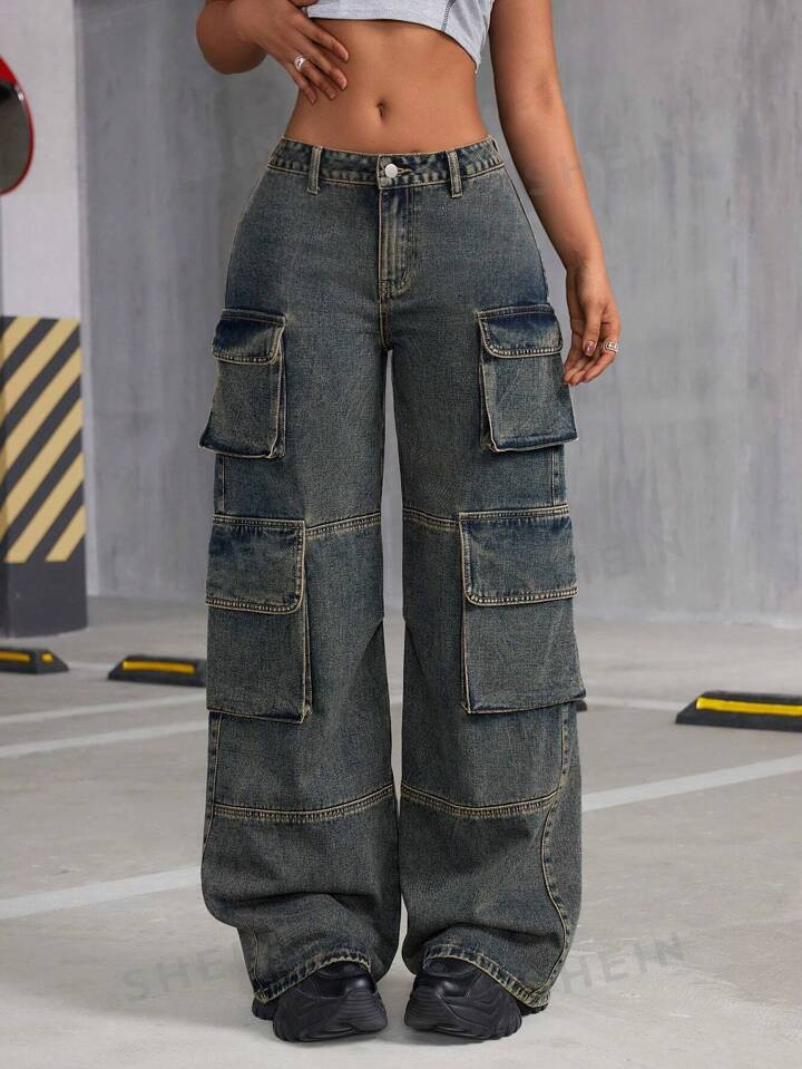 SHEIN ICON Women's Cargo Denim Wide Leg Pants | SHEIN