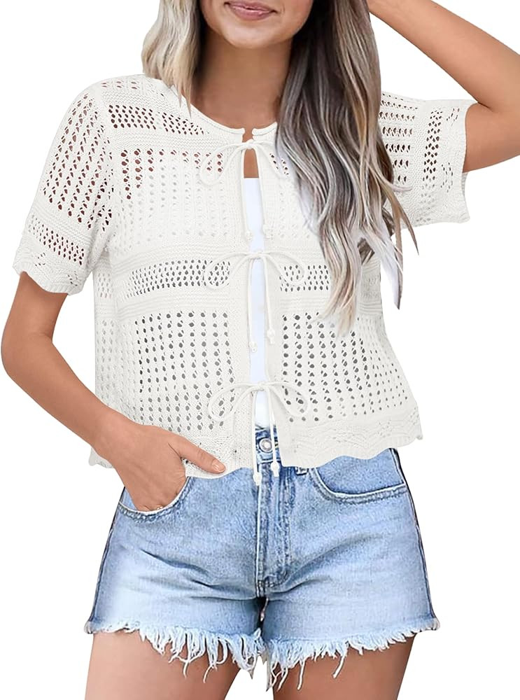 Womens Tie Front Cardigan Short Sleeve Summer Sweater Crochet Cropped Tops Casual Cover Up | Amazon (US)