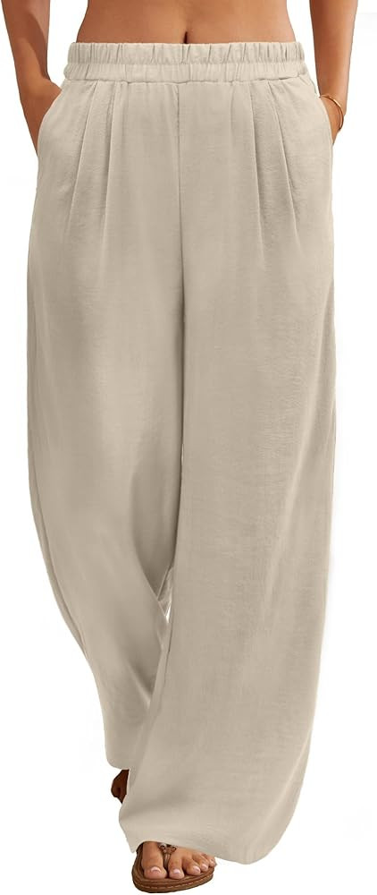 FireSwan Linen Pants Women Wide Leg Palazzo Pants Flowy Elastic Waist Summer Beach Casual Trouser... | Amazon (US)