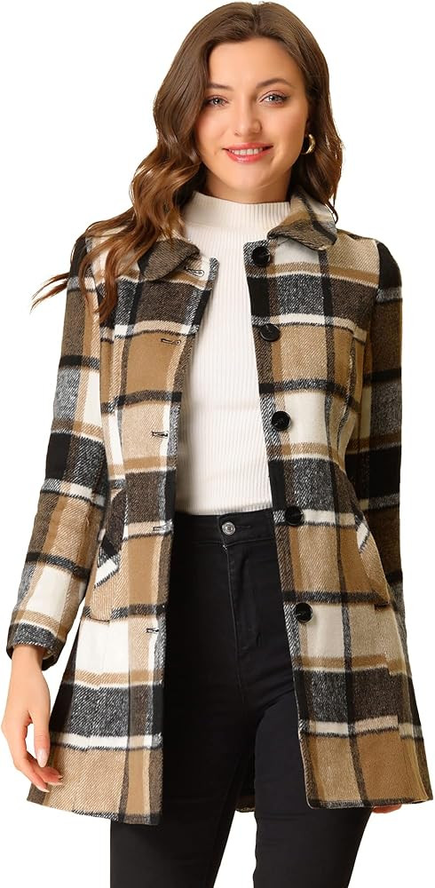 Allegra K Women's Buffalo Checks Shacket Button Down Peter Pan Collar Long Winter Plaid Coat | Amazon (US)
