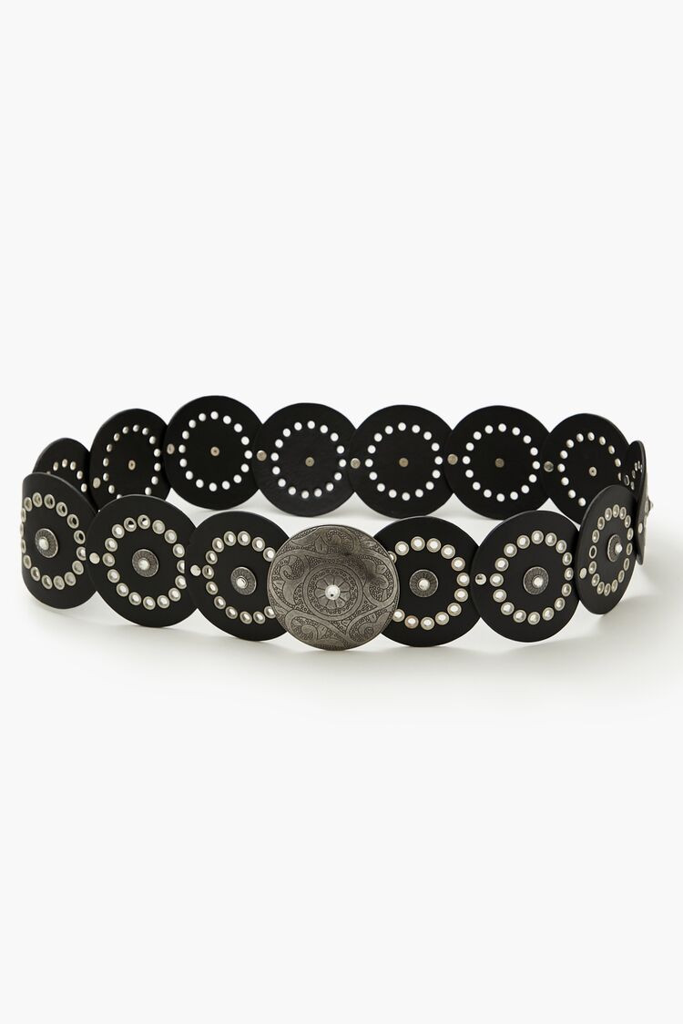 Etched Round Faux Leather Belt in Black/Silver | Forever 21