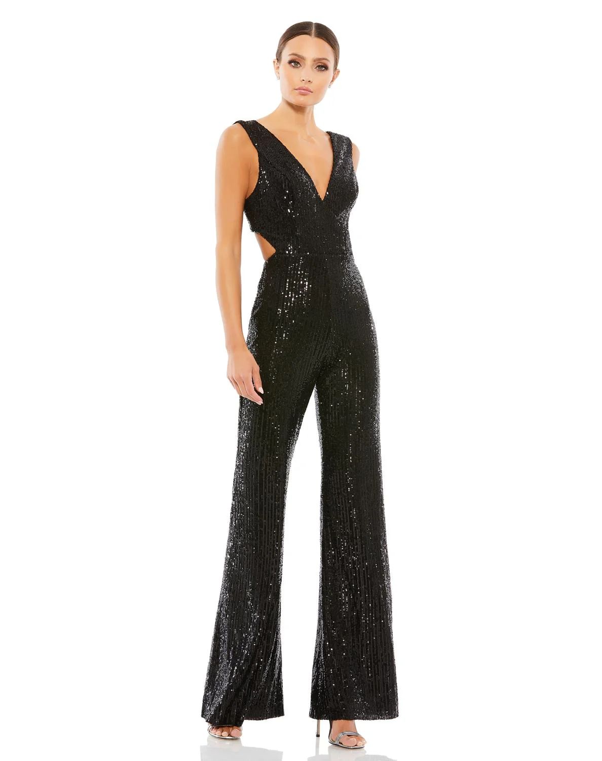 Ieena for Mac Duggal Women's Multi Color Sequined V-Neck Cut Out Jumpsuit Dress in Black 14 Lord & T | Lord & Taylor