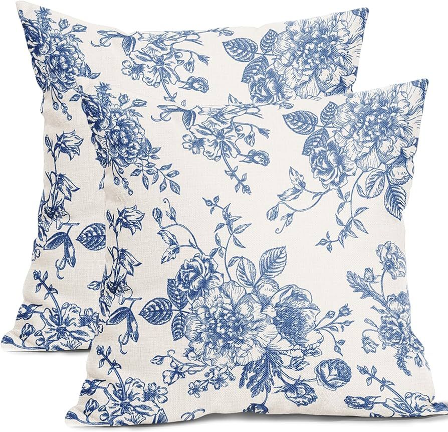 Blue Floral Pillow Covers 18x18 Inch Vintage Flower Blue White Decorative Throw Pillow Covers Set... | Amazon (US)