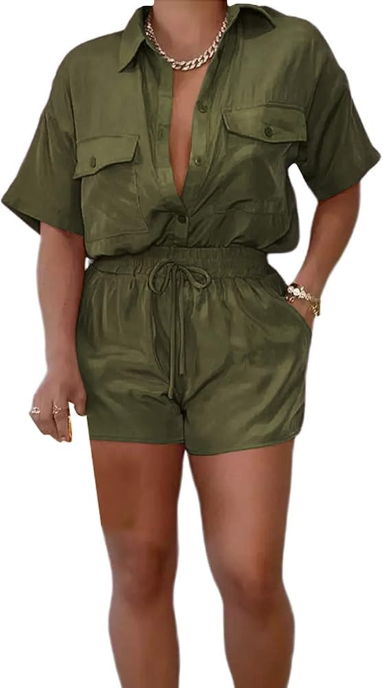 Women Casual 2 Piece Short Sets Short Sleeve Button Up Shirt and Shorts Set Party Club Summer Tra... | Amazon (US)