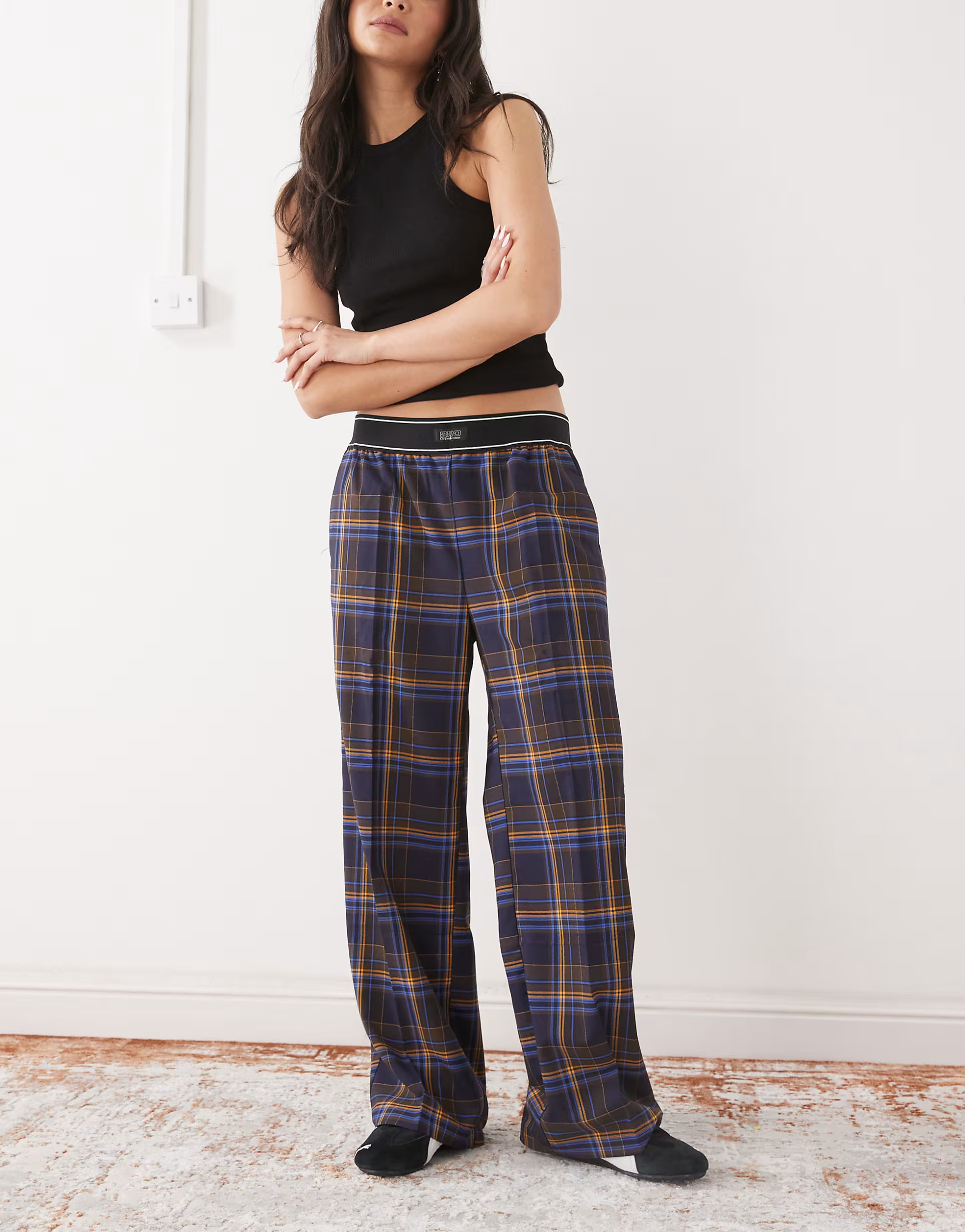 Monki wide leg pants with boxer waistband in blue check  | ASOS | ASOS (Global)