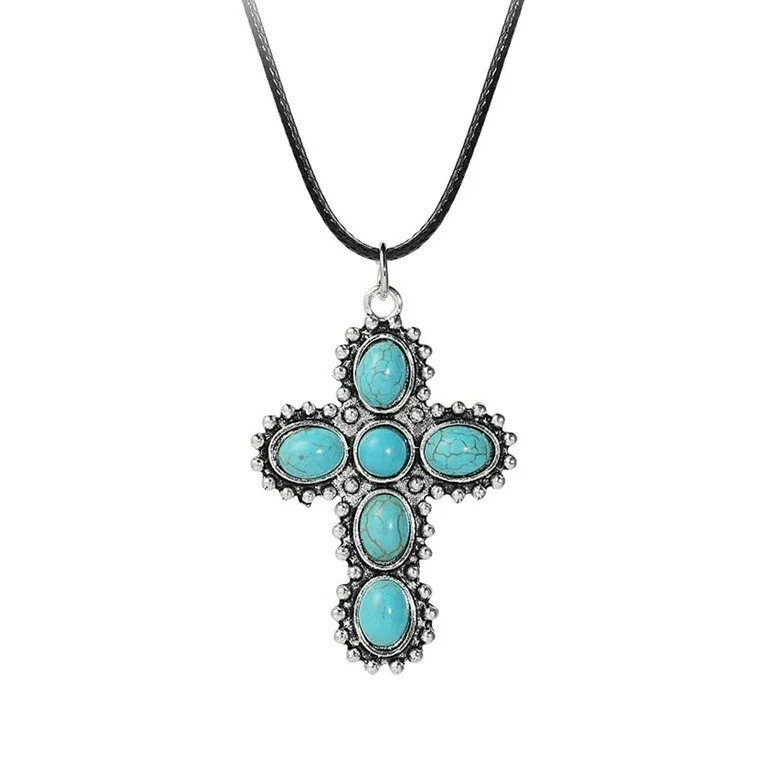 ZPAQI Vintage Cross Pendant Necklace Handmade Neck Chain Gothic Turquoise Choker | Walmart (US)