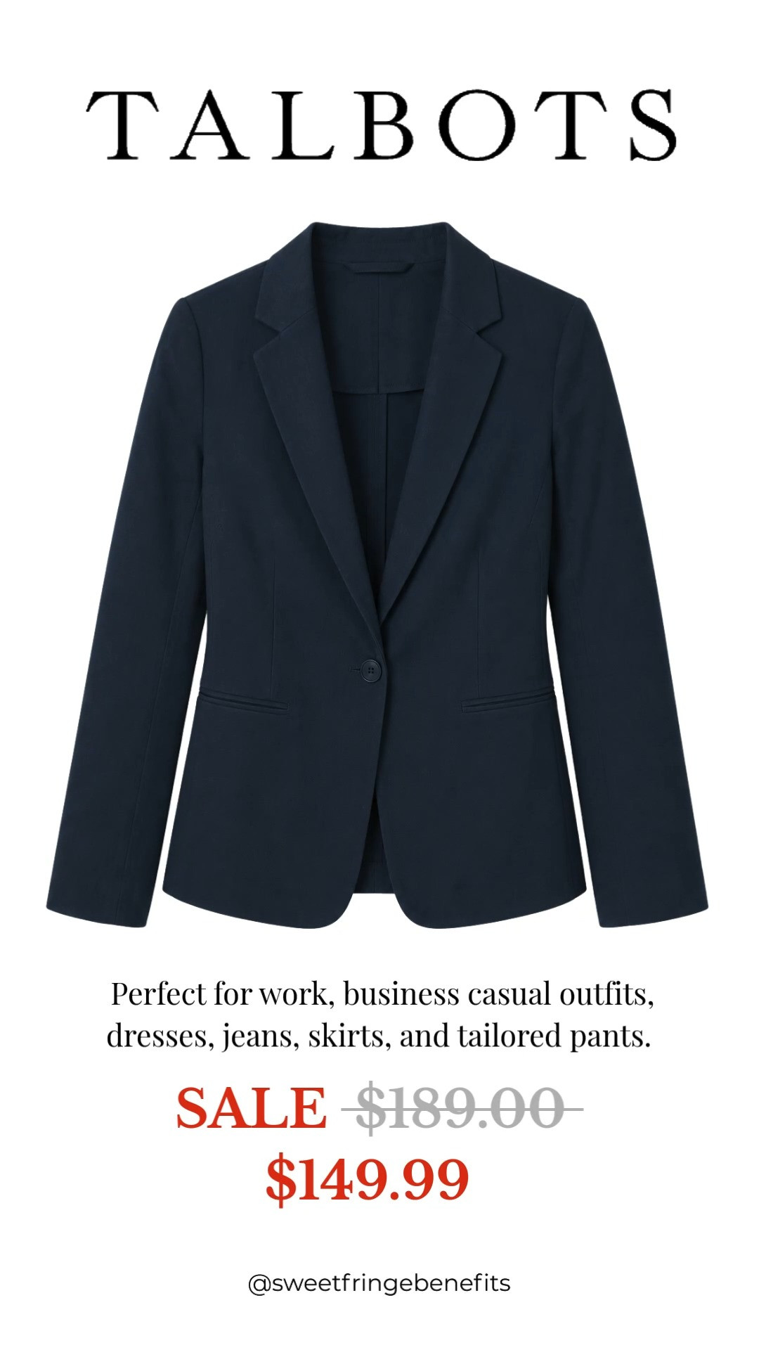 A navy blazer is one of the hardest-working pieces in any wardrobe, and this Talbots version is a classic you'll wear for years. Perfect over dresses, denim, trousers, or skirts, it's the kind of timeless staple that instantly makes every outfit look polished.

💡 LTK MADE EASY
❤️ Heart = Support my posts!
🔖 Save = Get sale & restock alerts
📋 Lists = Keep favorites organized
📲 Share = Send lists and products to a friend. Hello, Christmas List!
💬 Comment = Ask me anything about sizing or styling. :-) 

 #LTKootd #LTKOver40 #LTKSaleAlert