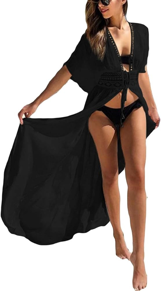 Bsubseach Women's Long Beach Kimono Cardigan Open Front Bikini Swimsuit Cover Ups With Drawstring | Amazon (US)