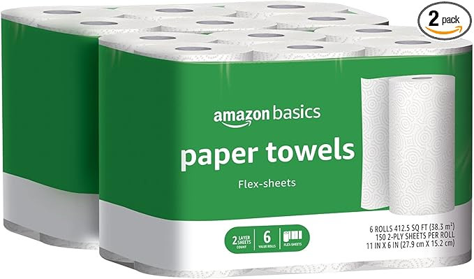 Amazon Basics 2-Ply Paper Towels, Flex-Sheets, 150 Sheets per Roll, 12 Rolls (2 Packs of 6), Whit... | Amazon (US)