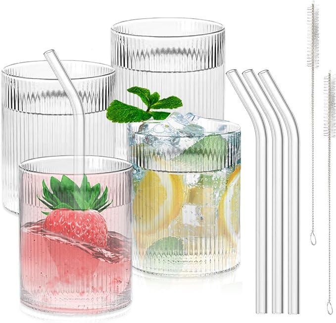 4 Pack Ribbed Glass Cups with 4 Straws and 2 Brushes, 8.5 oz Drinking Glasses Vintage Cocktail Gl... | Amazon (US)