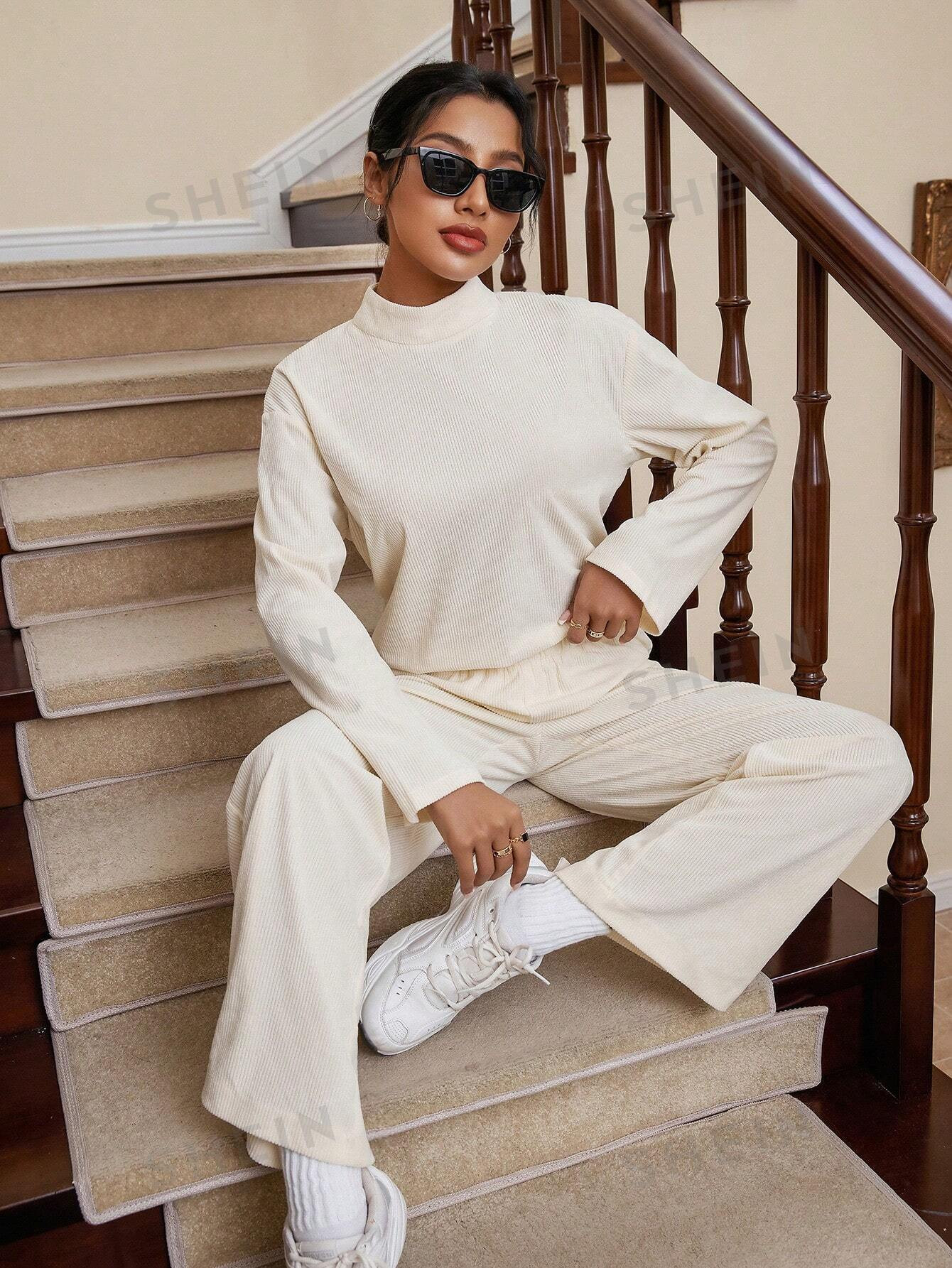 SHEIN Essnce Solid Color Ribbed Turtleneck Long Sleeve Women's Two Piece Set | SHEIN